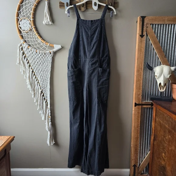 Free People Savannah Oversized Cotton Overalls Black - Picture 2 of 9